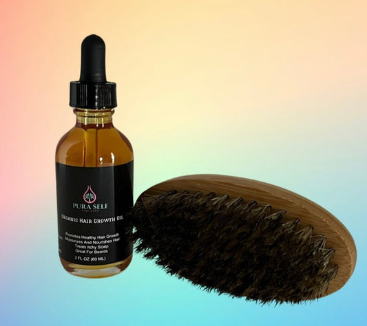 Organic Hair Growth Oil, and Beard Brush Bundle